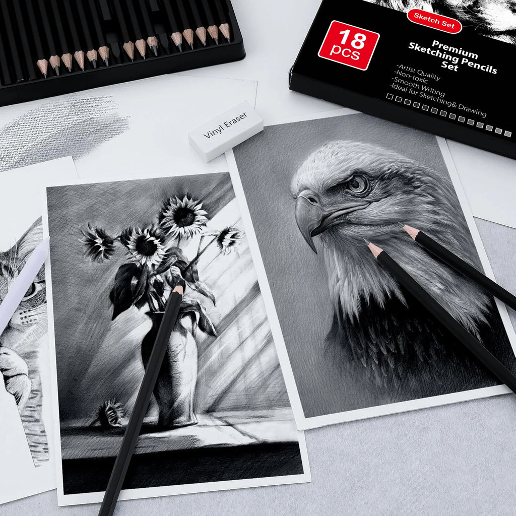 18-Piece Professional Sketch Pencil Set — 5H to 14B, Eraser, Sharpener & Blending Stump