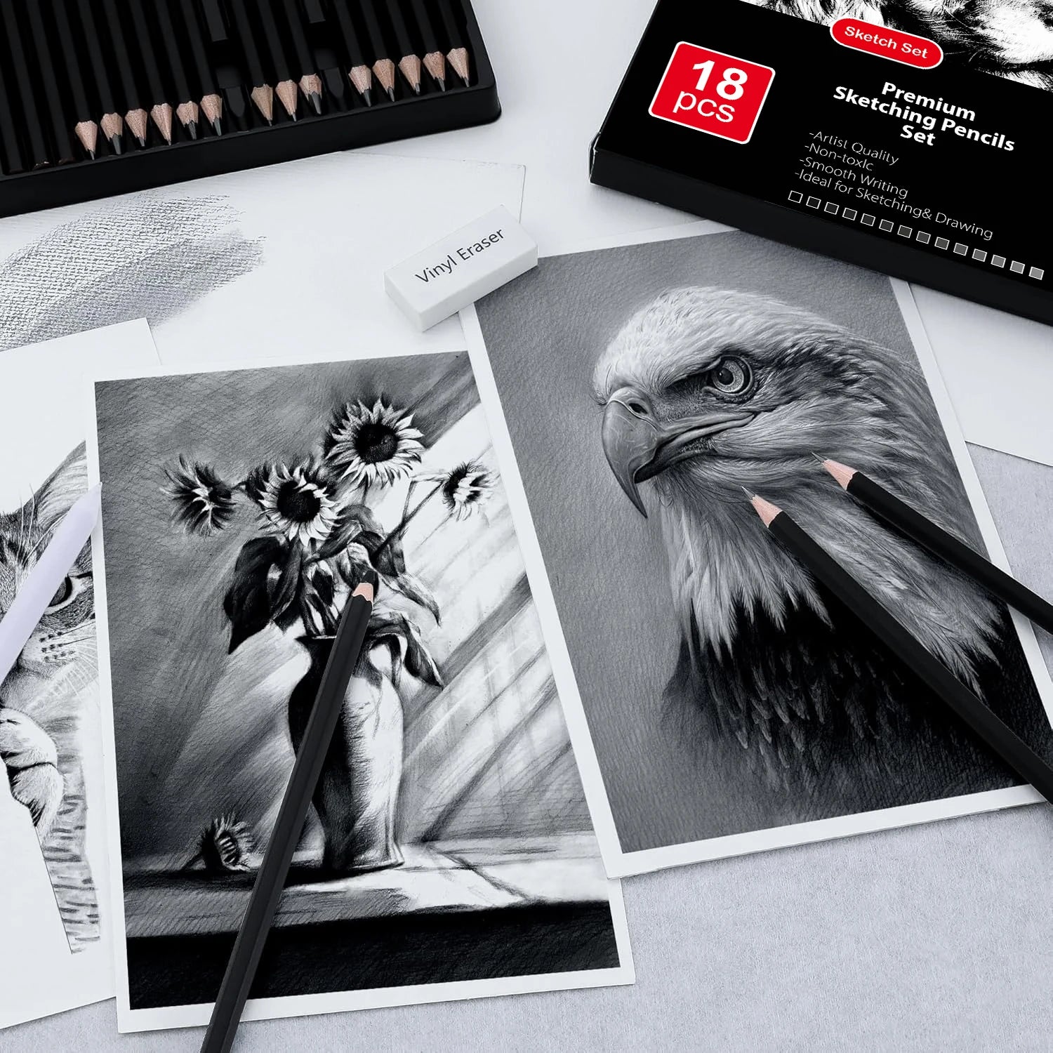 18-Piece Professional Sketch Pencil Set — 5H to 14B, Eraser, Sharpener & Blending Stump