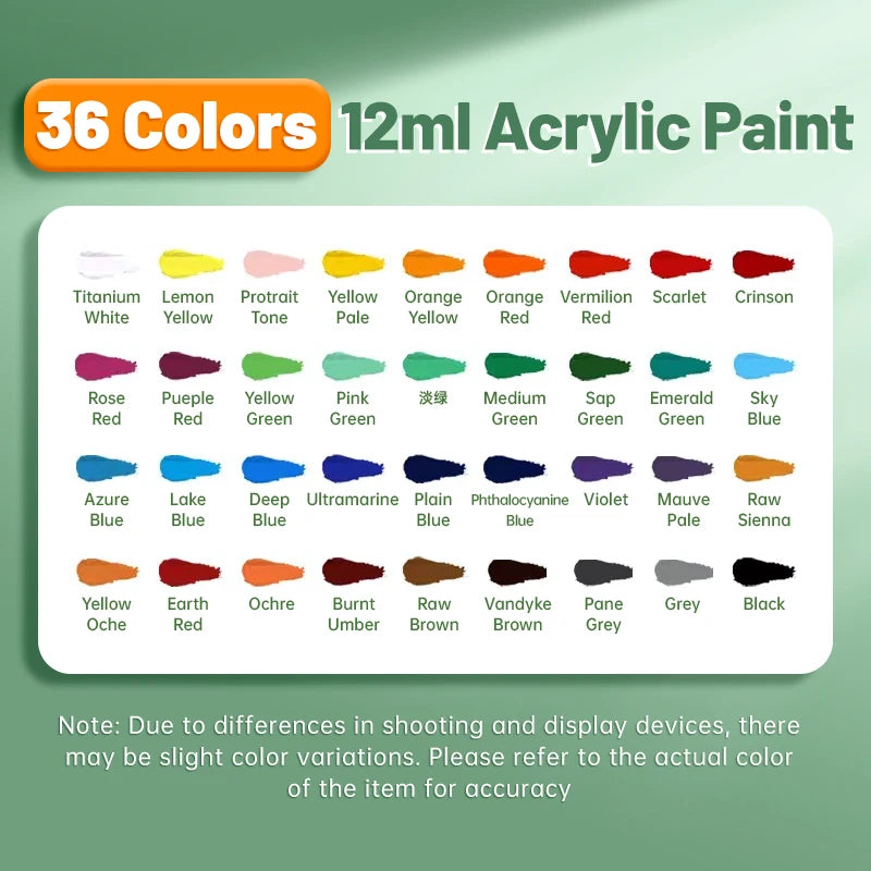 Acrylic Paint Set 12ml Tubes — 12 or 36 Colors for Canvas & DIY Art