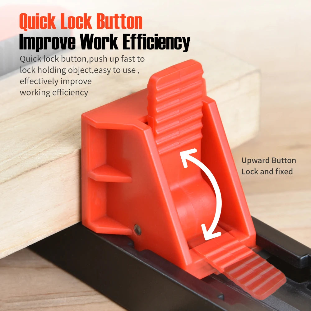An orange quick lock button accessory mounted on a black tool, shown in use against a light wood surface with overlaid text explaining how to use it and a white arrow indicating the upward locked position.