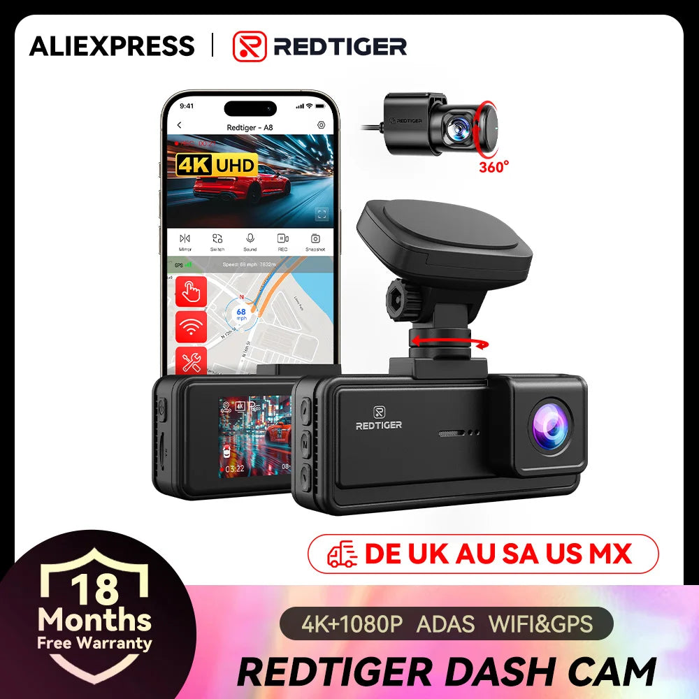 Redtiger dash cam with smartphone app interface on a white background