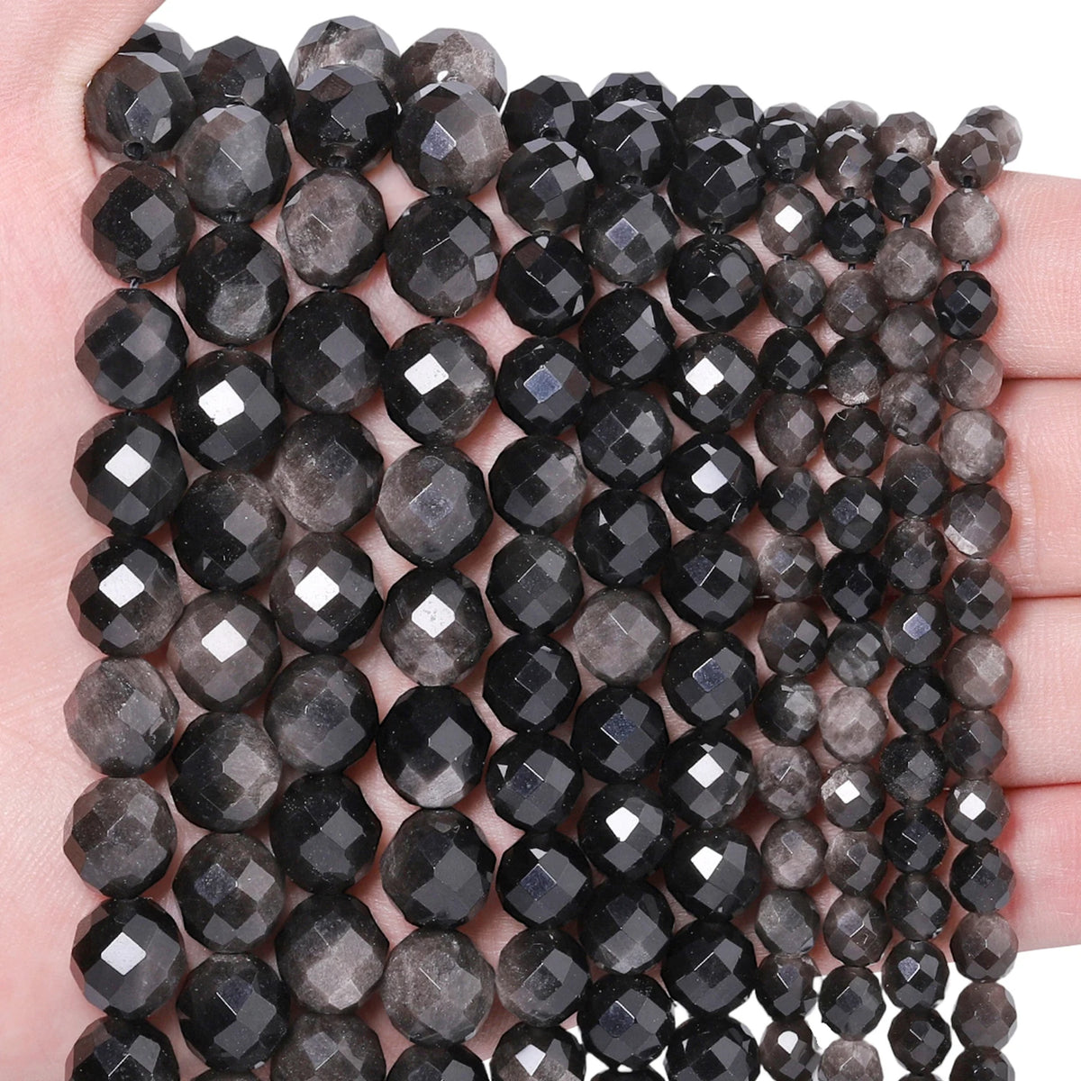 Stone Beads Faceted Round Silver Obsidian-Style for DIY Jewelry Making