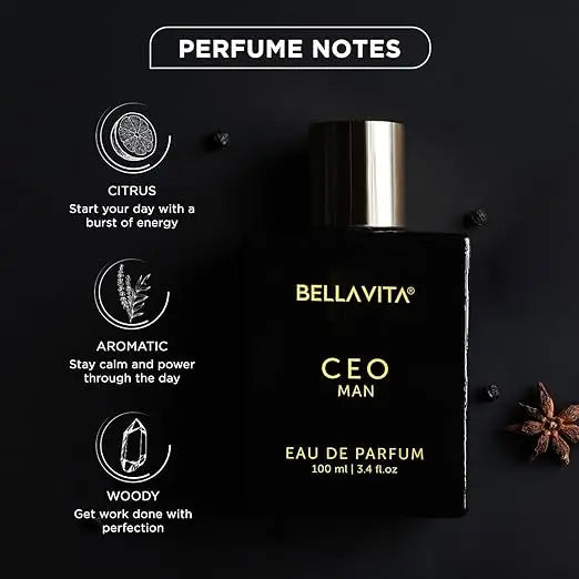 Bellavita CEO Man perfume bottle with notes on a dark background