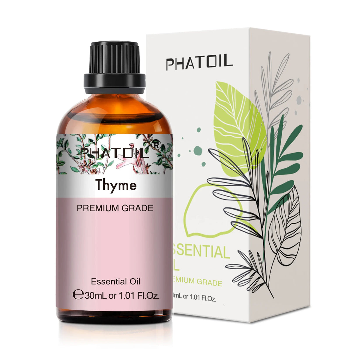 Phatoil Thyme essential oil bottle and packaging on a white background