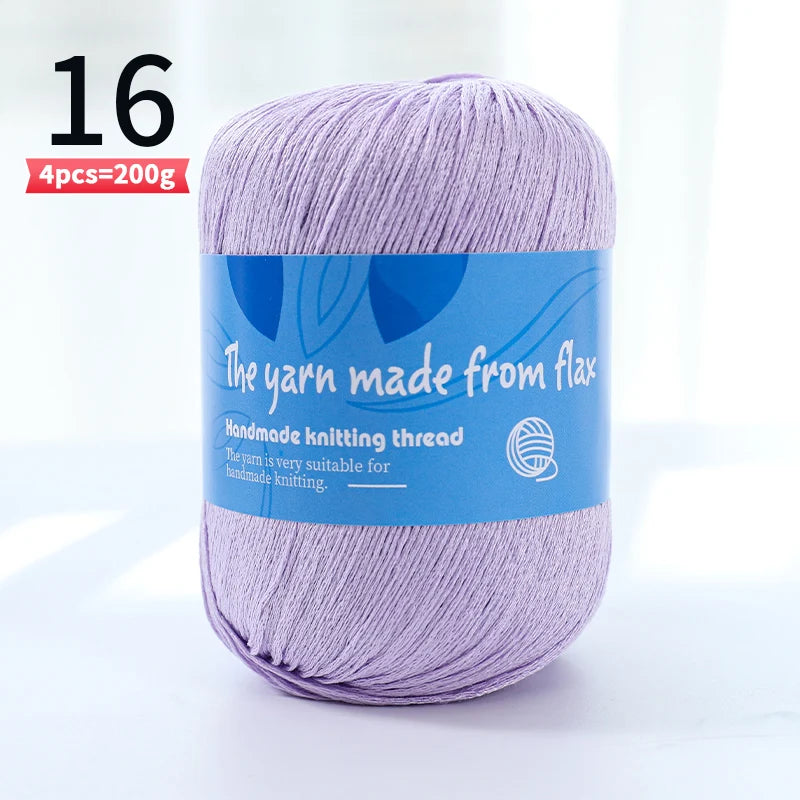 Lavender linen lace yarn skein, color code 16, with a blue flax label.