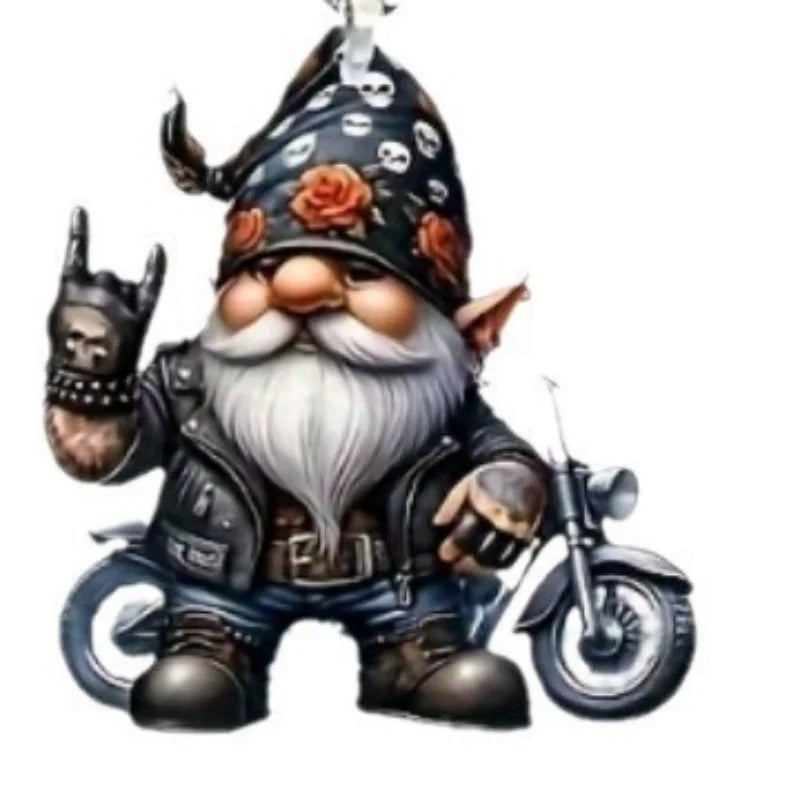A stylized biker gnome figurine wearing a black pointed hat with skull and rose details, a black leather vest, and blue jeans, posed next to a small motorcycle on a plain white background.