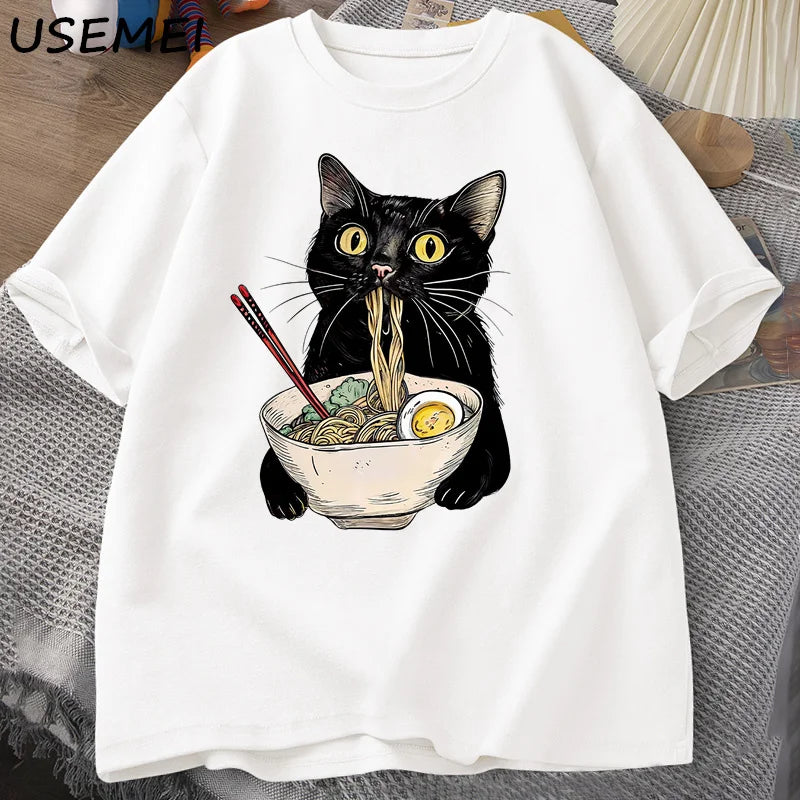 T-Shirt Ramen Cat Graphic Cotton Short Sleeve Funny Black Cat Foodie Tee