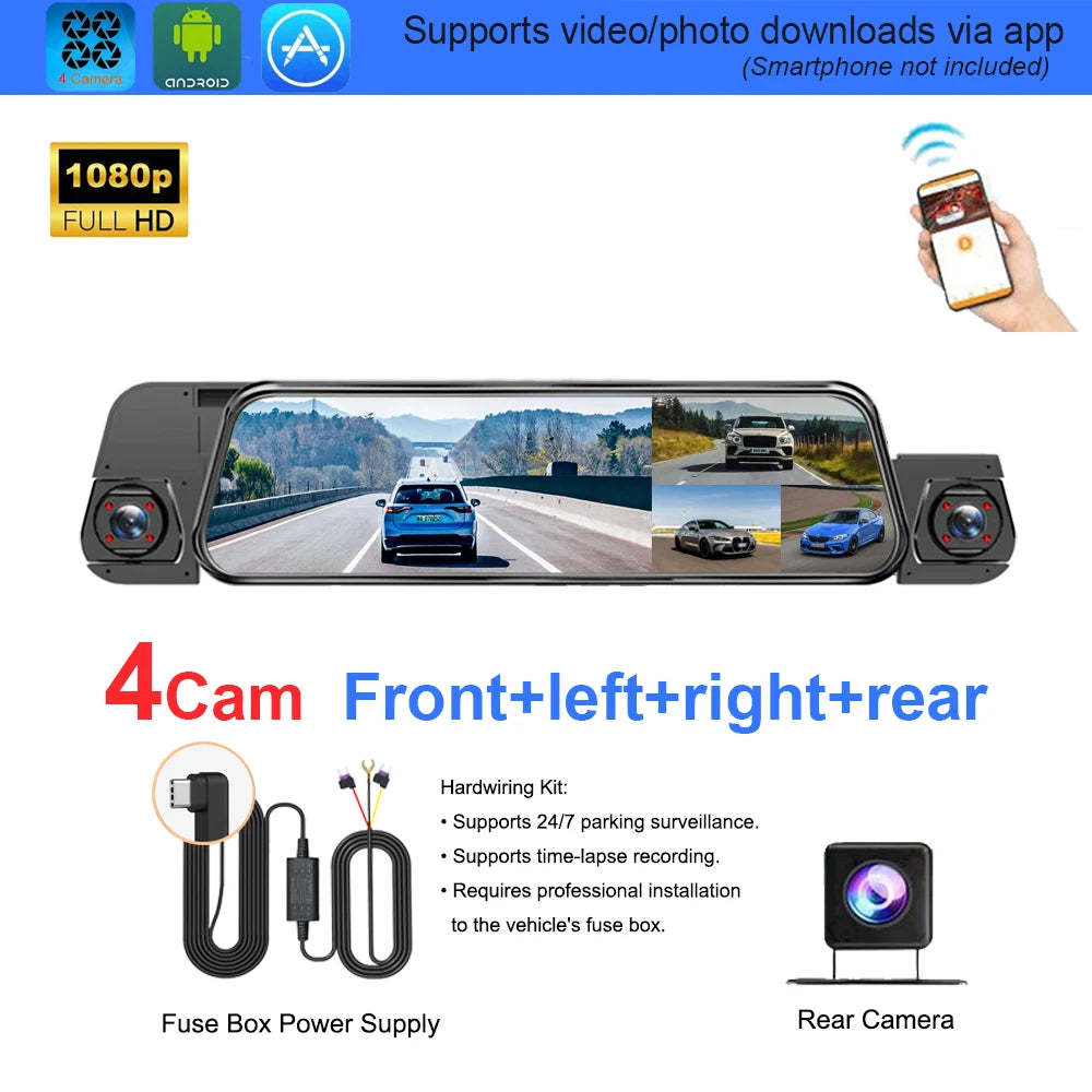 A rear-view mirror style car dash cam with side cameras, shown on a white background with feature callouts, app icons, a hand holding a phone, and included power supply and rear camera components.