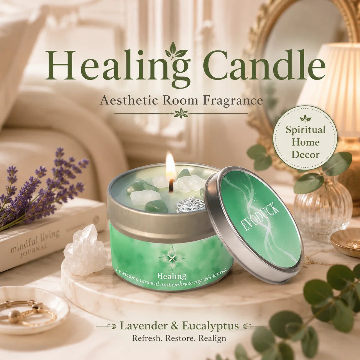 Crystal Candle Set of 3, Lavender Eucalyptus Scented Candles in Tin with Stones, Intention Manifestation Candle, Gift for Women