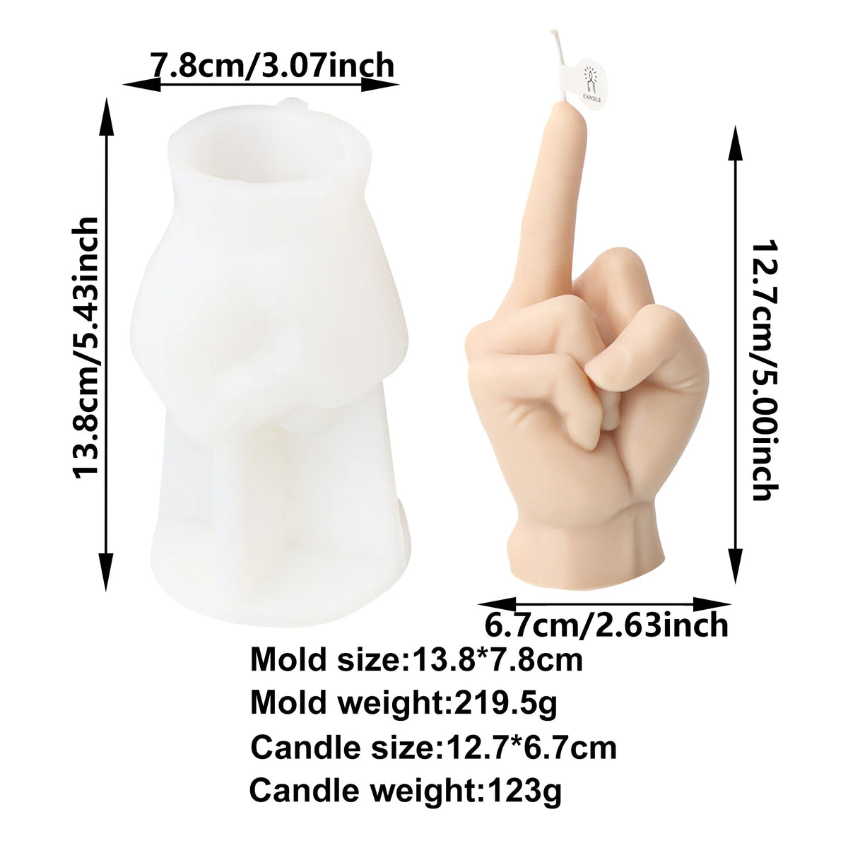 White silicone mold and flesh-colored hand-shaped candle holder shown with dimension arrows and text listing measurements and weights on a white background.