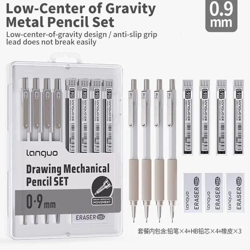 Mechanical Pencil Set, 4 Metal HB Pencils, 80 Lead Refills & Case