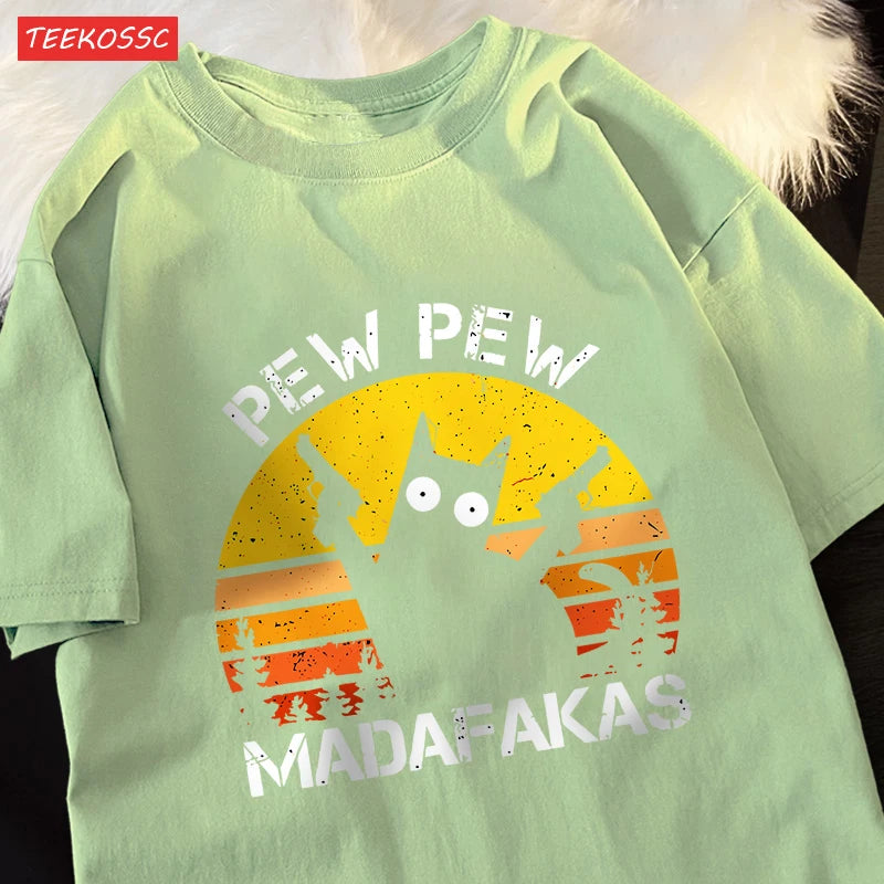 T-Shirt Unisex Pew Pew Madafakas Black Cat Retro Sunset Funny Graphic Tee