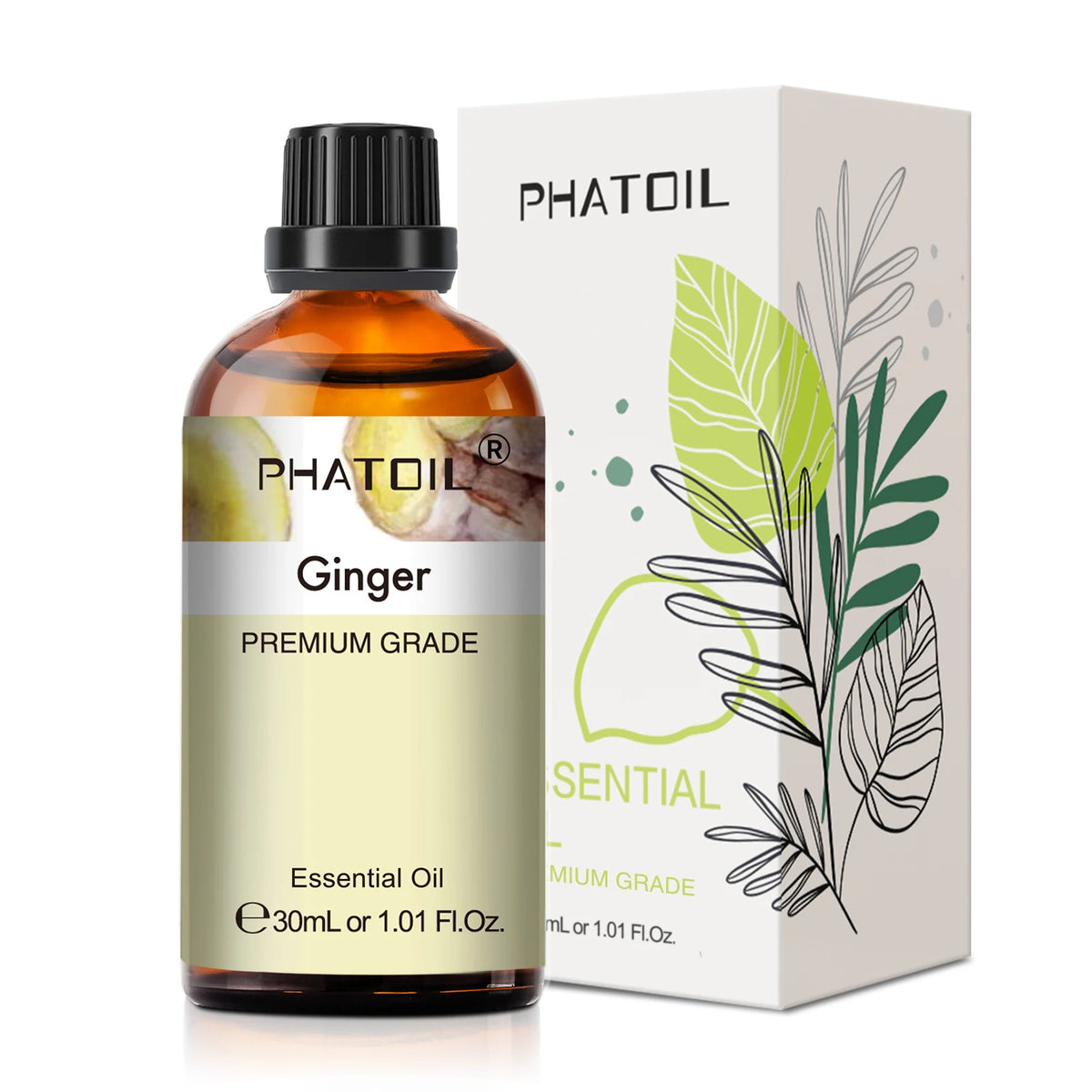 PHATOIL Ginger essential oil bottle and packaging on a white background
