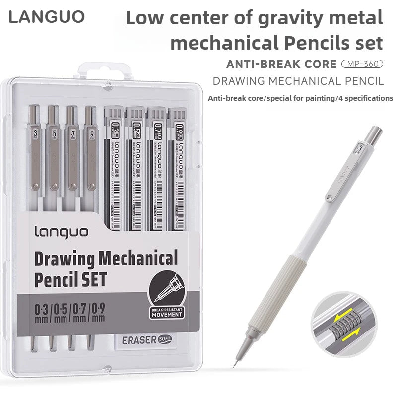 LANGUO Metal Mechanical Pencil Set with Leads & Eraser — 0.3 to 0.9mm