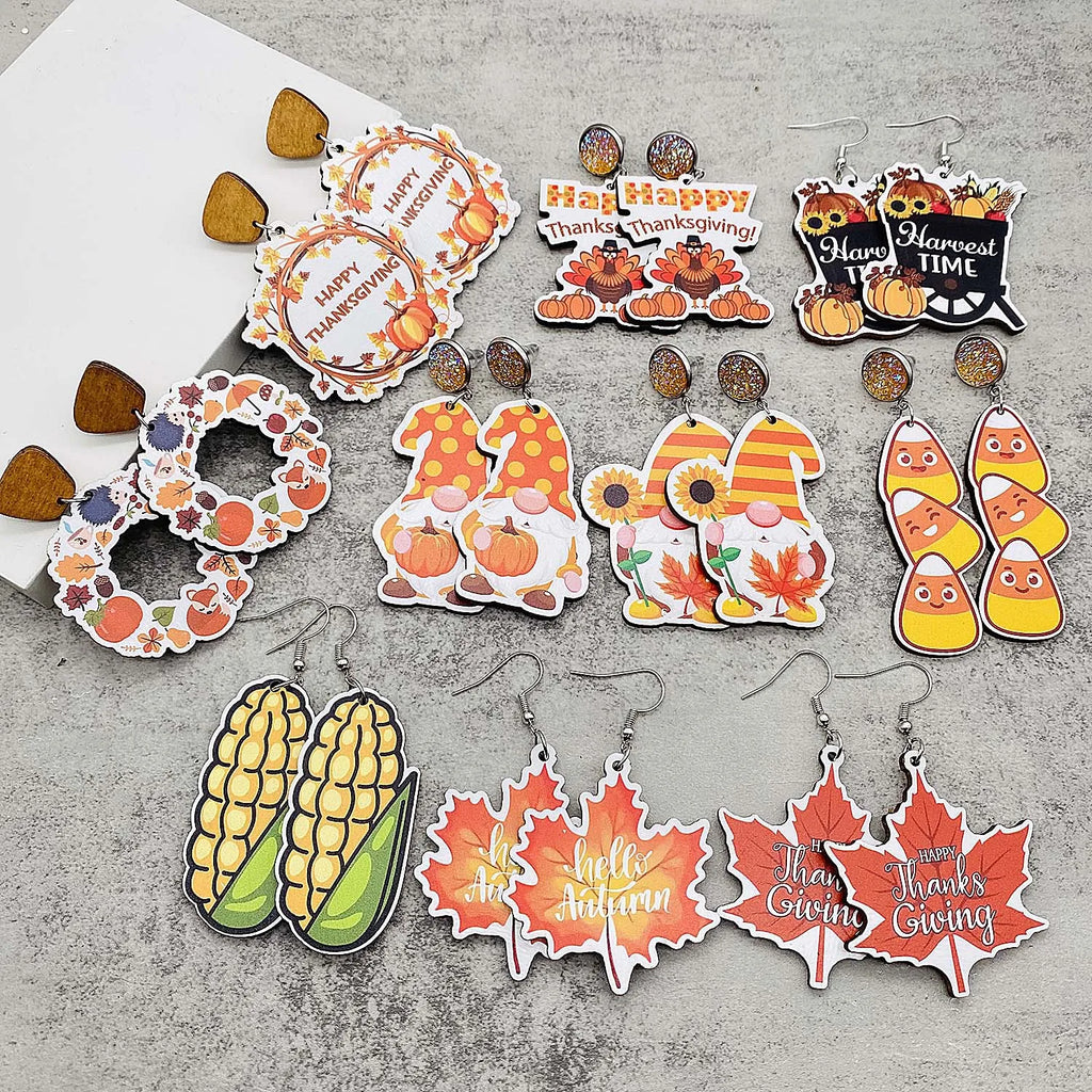 New Autumn Thanksgiving Earrings Maple Leaf Pumpkin Dwarf Wooden Earrings Jewelry Thanksgiving Festival Gift