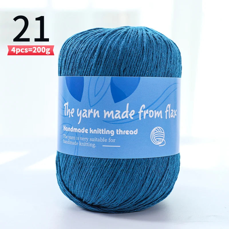 Teal blue linen lace yarn skein, color code 21, with a blue flax label.
