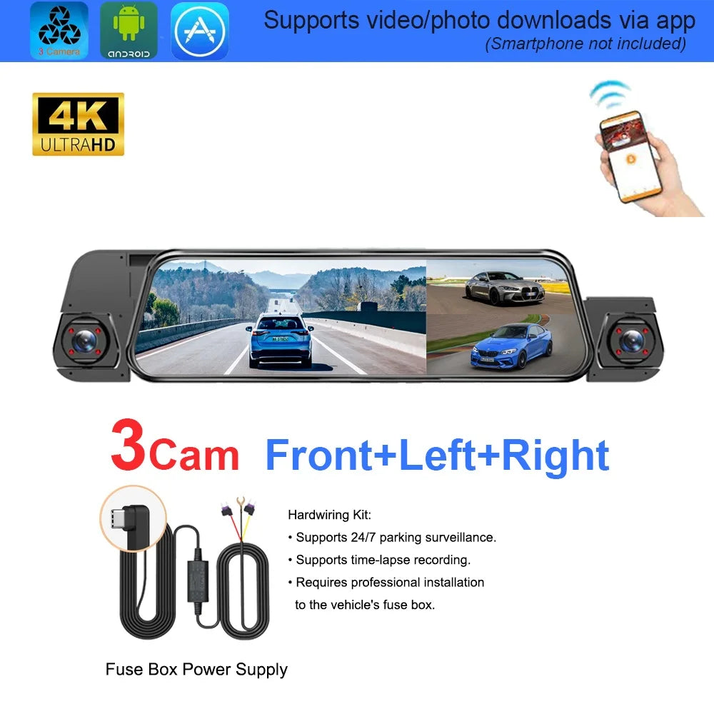 A 3-camera car rearview mirror dashcam with a rear-view mirror face and two side cameras, shown on a white background with feature callouts, a fuse box power supply, and a hand holding a smartphone app screen. Text includes '3Cam Front+Left+Right', 'Hardwiring Kit', and 'Fuse Box Power Supply'.