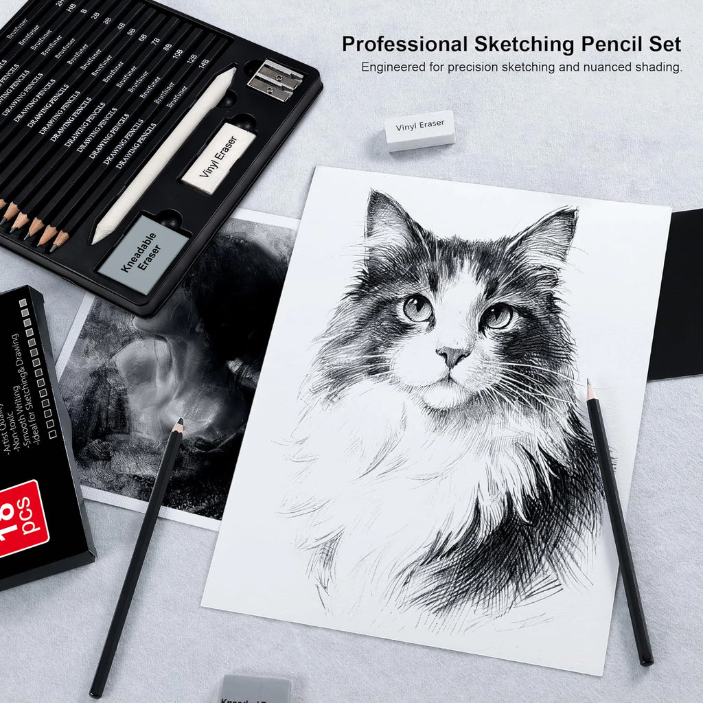 18-Piece Professional Sketch Pencil Set — 5H to 14B, Eraser, Sharpener & Blending Stump