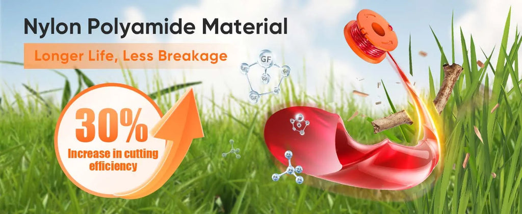 Promotional graphic for nylon polyamide material showing a red spool of thread, a red cutting tool, and grass with text reading 'Nylon Polyamide Material,' 'Longer Life, Less Breakage,' and '30% Increase in cutting efficiency.'.