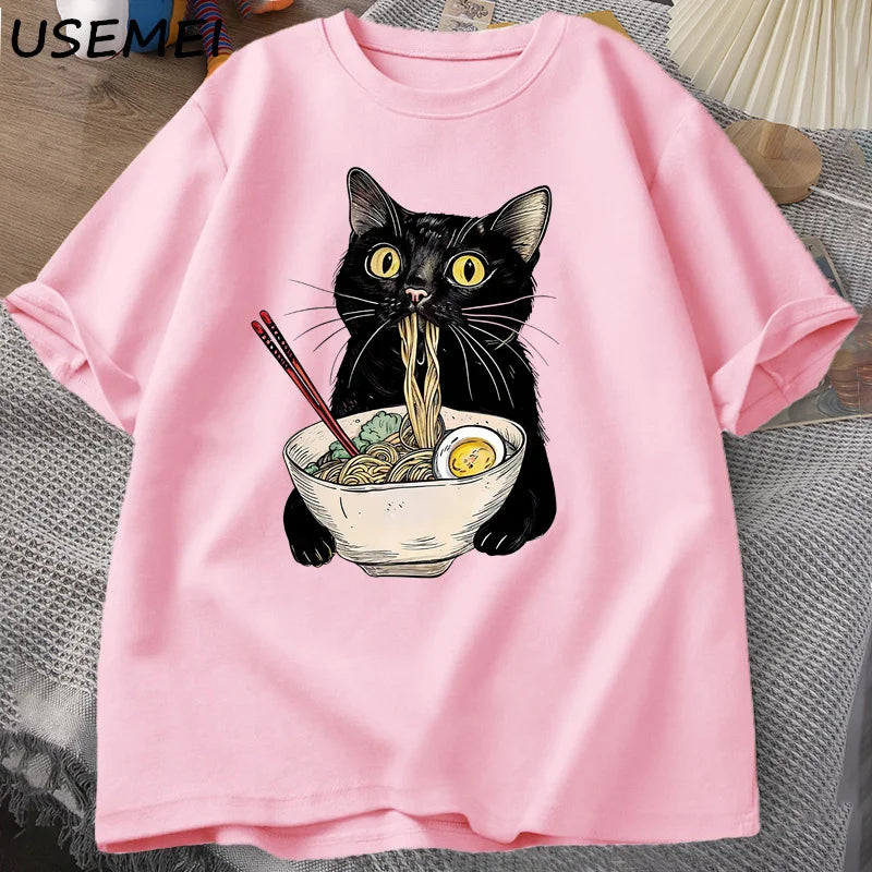 T-Shirt Ramen Cat Graphic Cotton Short Sleeve Funny Black Cat Foodie Tee