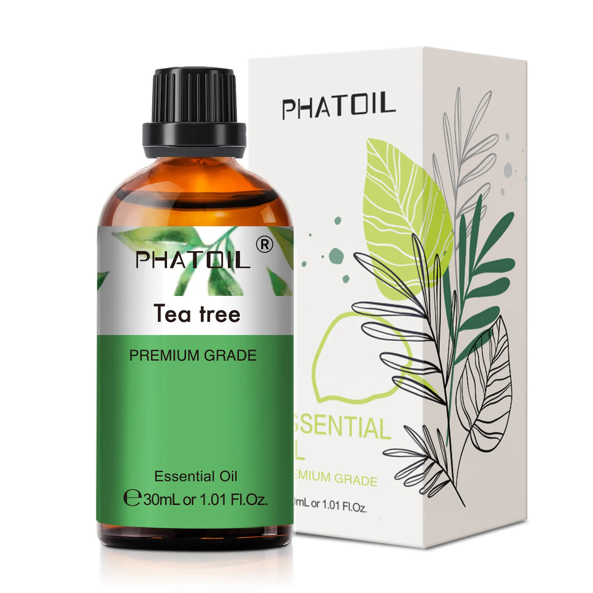 Phatoil Tea tree essential oil bottle and packaging on a white background