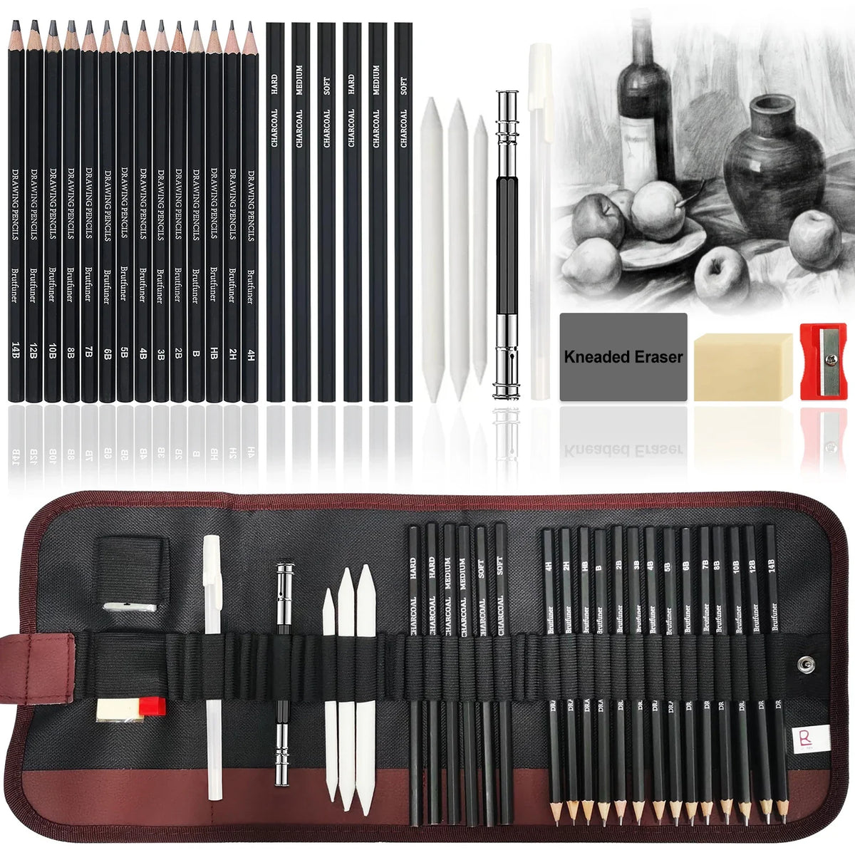 Sketching & Drawing Set with Graphite, Charcoal & Blending Tools