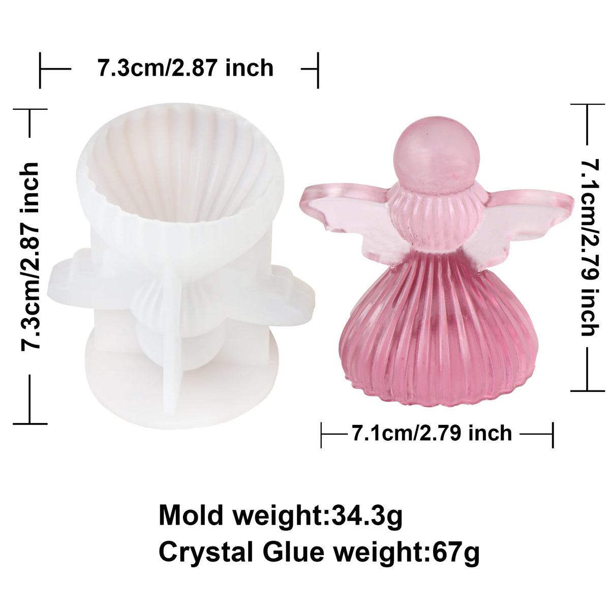 White plastic angel-shaped crystal mold shown next to a pink angel-shaped crystal ornament, with dimension lines and text indicating measurements and weights on a white background.