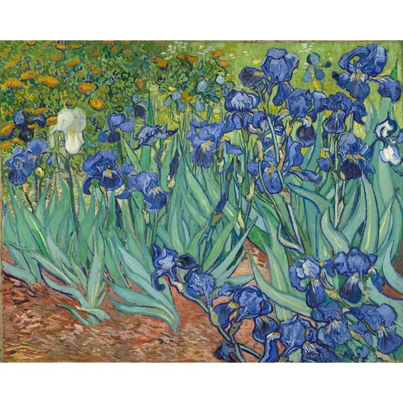 Famous painting of blue irises by Van Gogh with a colorful background