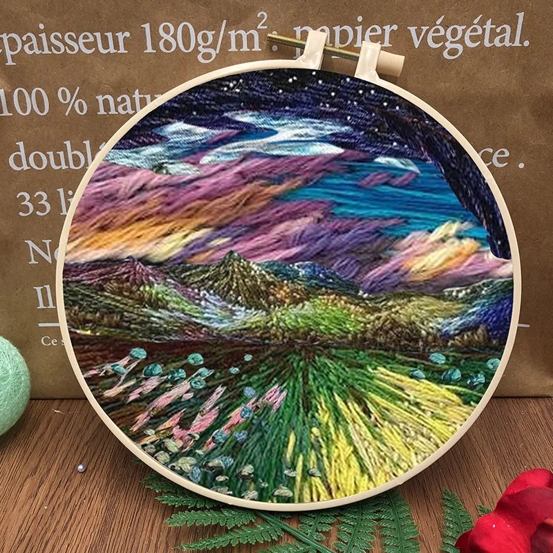 Embroidery Kit, Mountain Scenery with Hoop for Beginner Handmade Wall Art