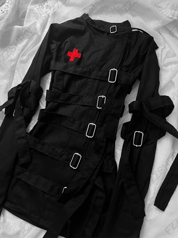 Jacket Women's Gothic Punk Lace-Up Buckle Strap Red Cross Y2K Harajuku Grunge