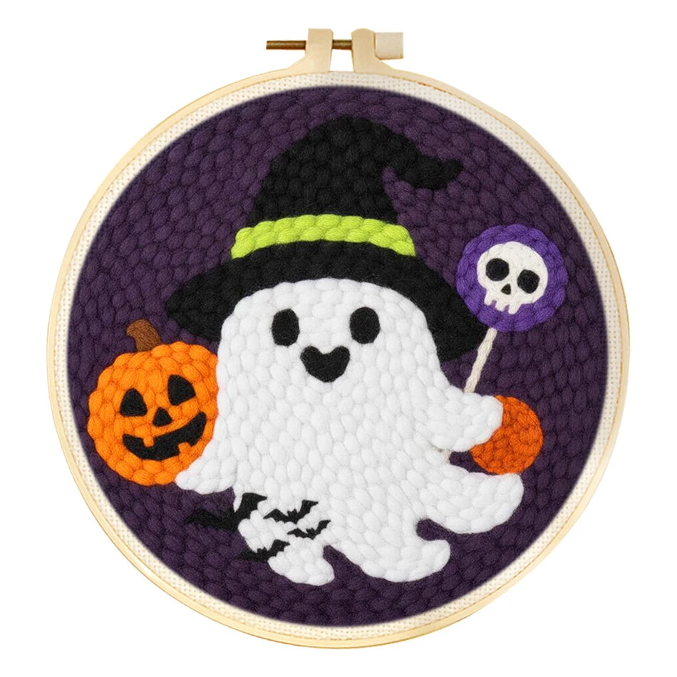 Punch Needle Kit, Halloween Ghost Design with Hoop for Spooky Wall Decor