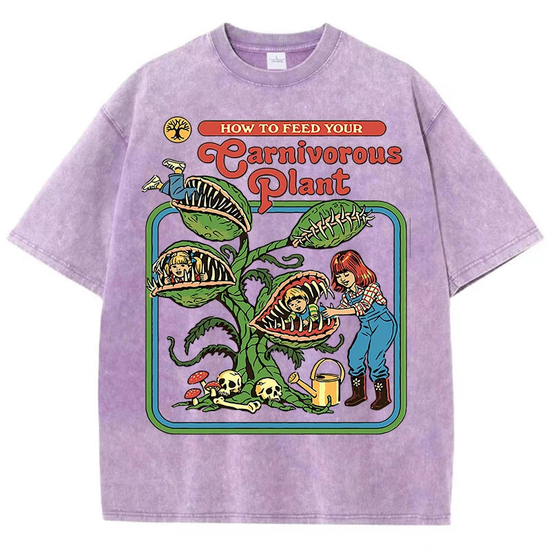T-Shirt Unisex Carnivorous Plant Print Washed Cotton Crewneck Short Sleeve