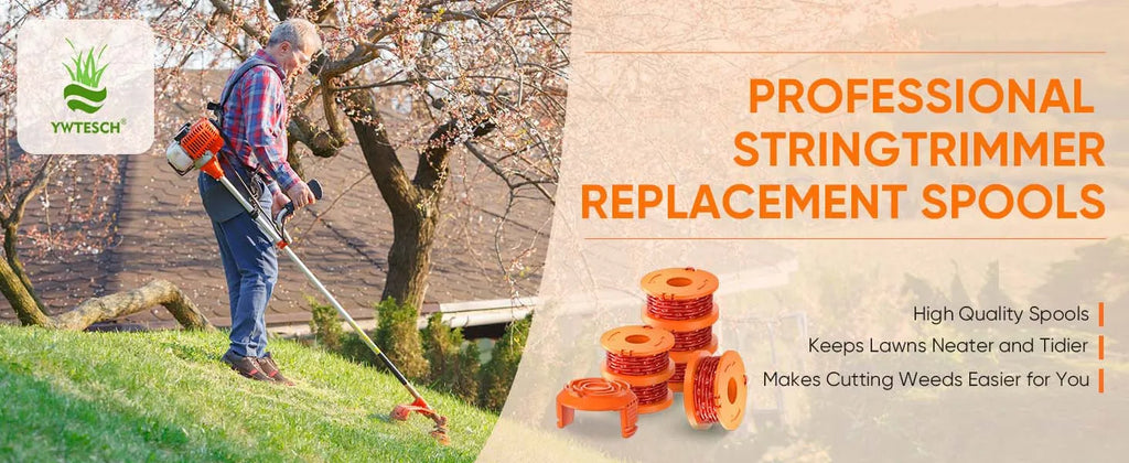 Ywtesch professional string trimmer replacement spools shown with a man using a string trimmer in a grassy outdoor area. The right side features a beige panel with orange text reading 'PROFESSIONAL STRING TRIMMER REPLACEMENT SPOOLS' and shows several orange spools.