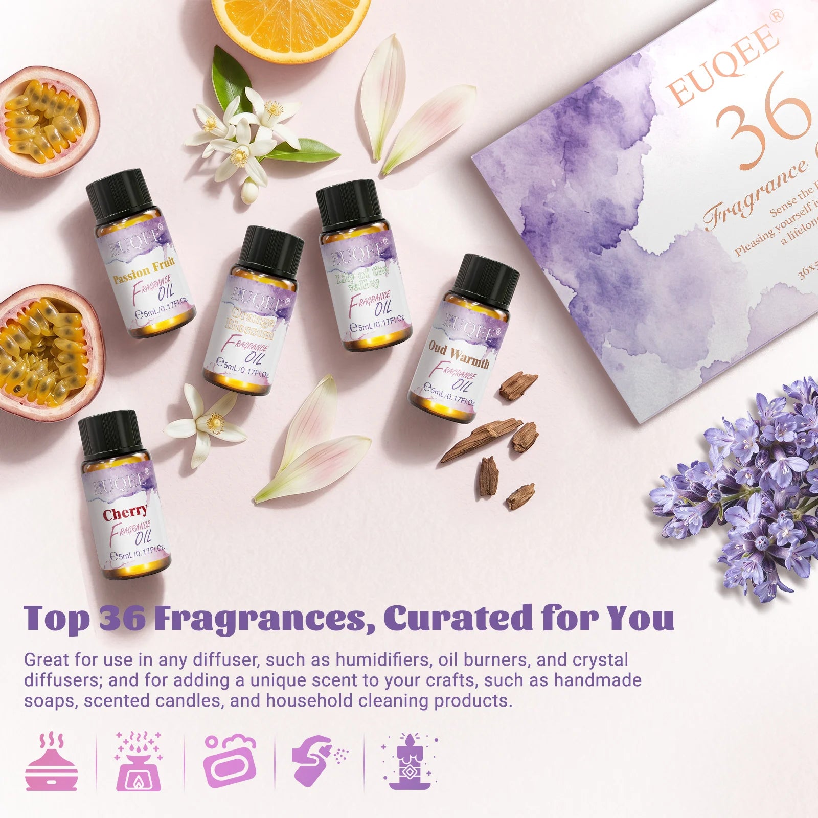 EUQEE 36 Bottles Fragrance Oils Gift Set For Candle Making Diffuser Strawberry Cherry Coconut Coffee Leather 5ml Fragrance Oil