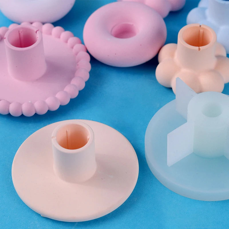 Round Candle Holder Silicone Mold Nordic Candlestick Cement Plaster Craft Mould DIY Cute Flower Shape Resin Candle Stand Molds