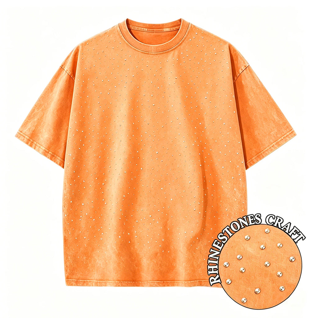 T-Shirt Unisex Rhinestone Acid Wash 100% Cotton Retro Punk Loose Hip Hop Tee