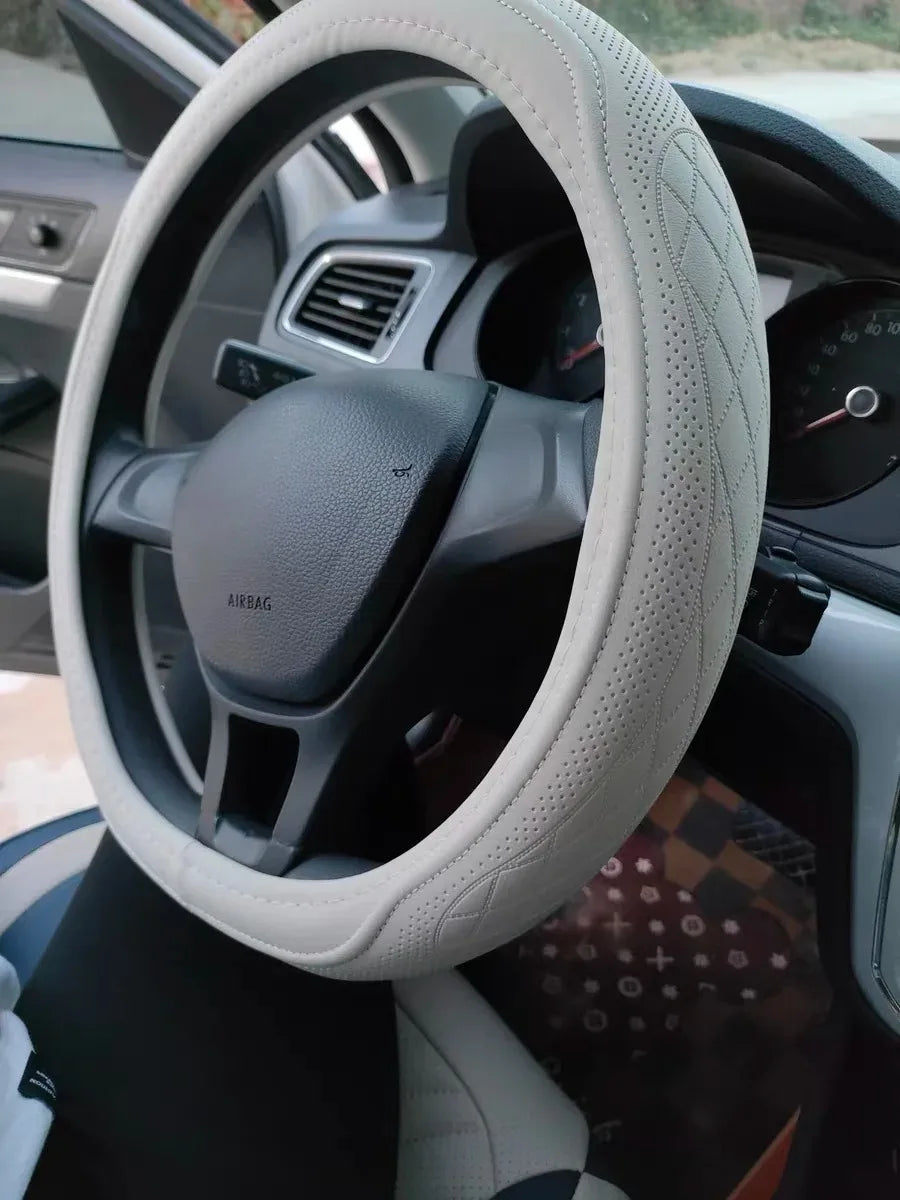 Embossed PU Leather Patchwork Car Steering Wheel Cover Anti-Slip Comfort