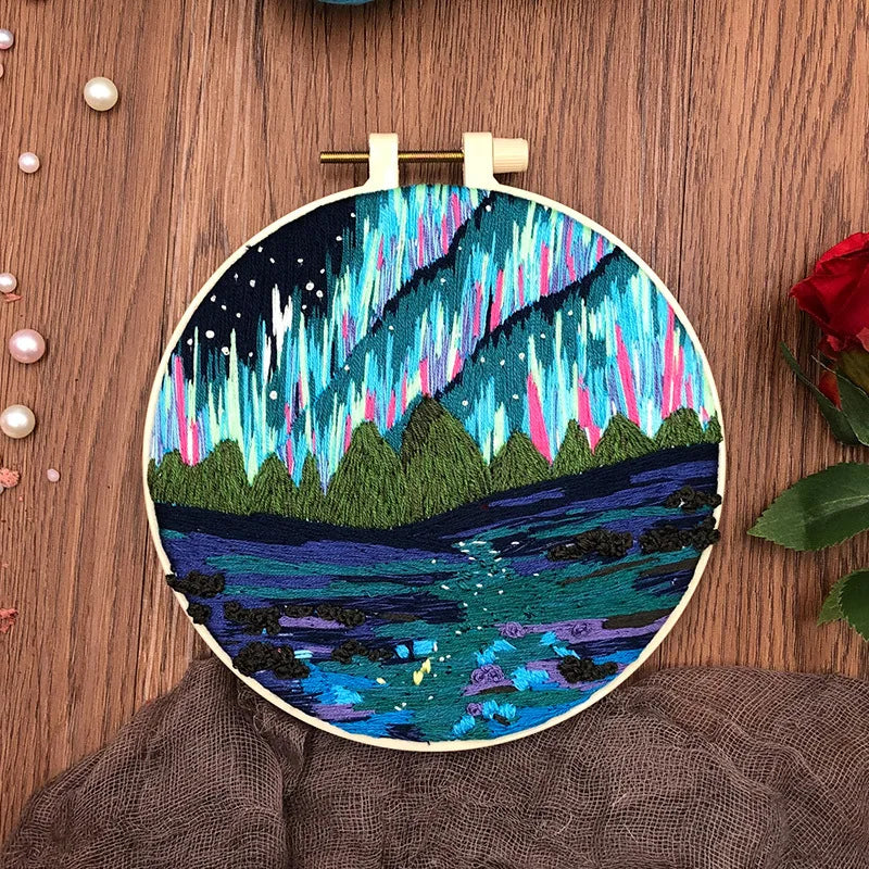 Embroidery Kit, Aurora Night Sky Scenery for Handmade Hoop Art & Decor
