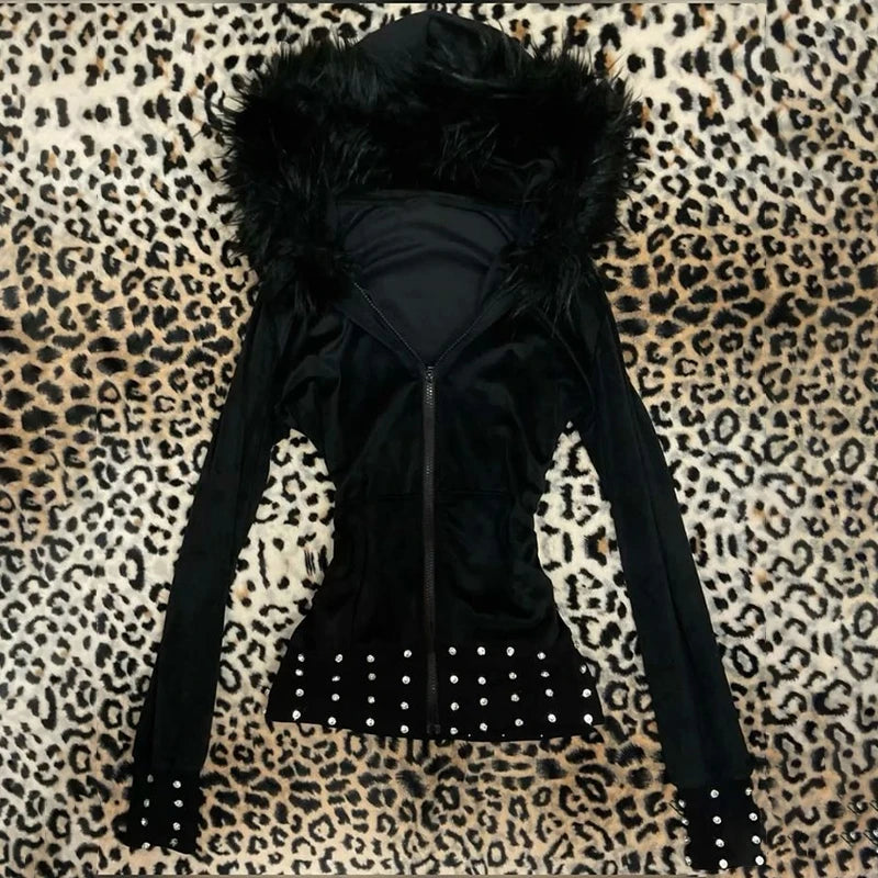 Hoodie Women's Gothic Fur Collar Zip Cardigan Slim Grunge Y2K Harajuku Winter