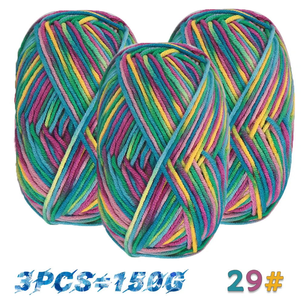Three colorful variegated yarn skeins labeled color 29 and a total pack weight of 5.3 oz (150 g).