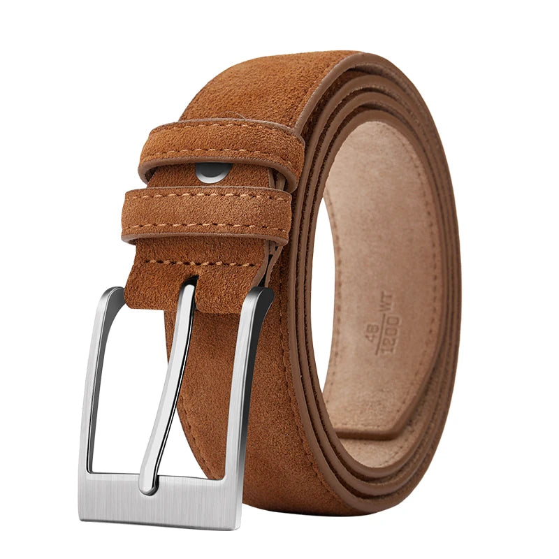 Men's Suede Leather Belt Silver Pin Buckle Vintage Style for Jeans & Chinos