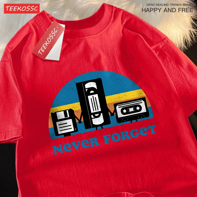 T-Shirt Unisex Never Forget Retro Tech Floppy VHS Cassette Vintage Graphic Tee