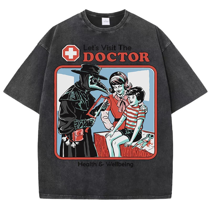 T-Shirt Plague Doctor Let's Visit The Doctor Retro Washed Parody Unisex Tee