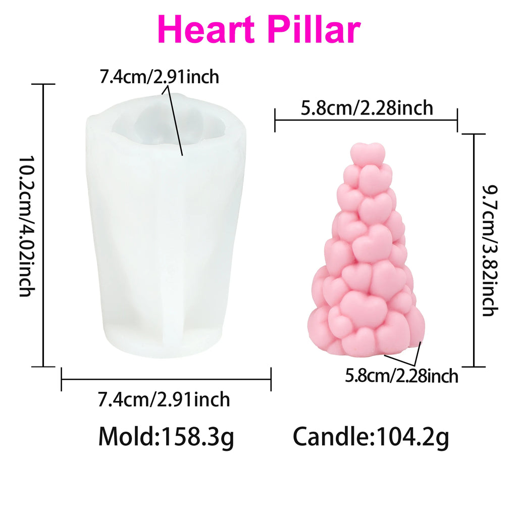 Heart Pillar mold and pink example candle diagram with separate dimensions and weights