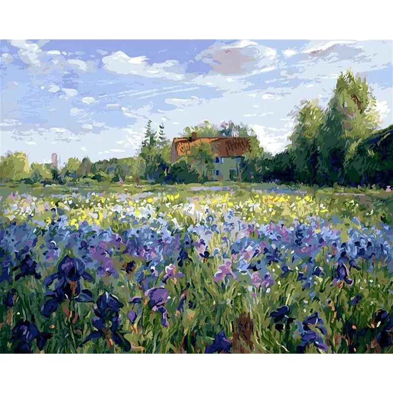 Painting of a field with purple flowers and a blue sky.