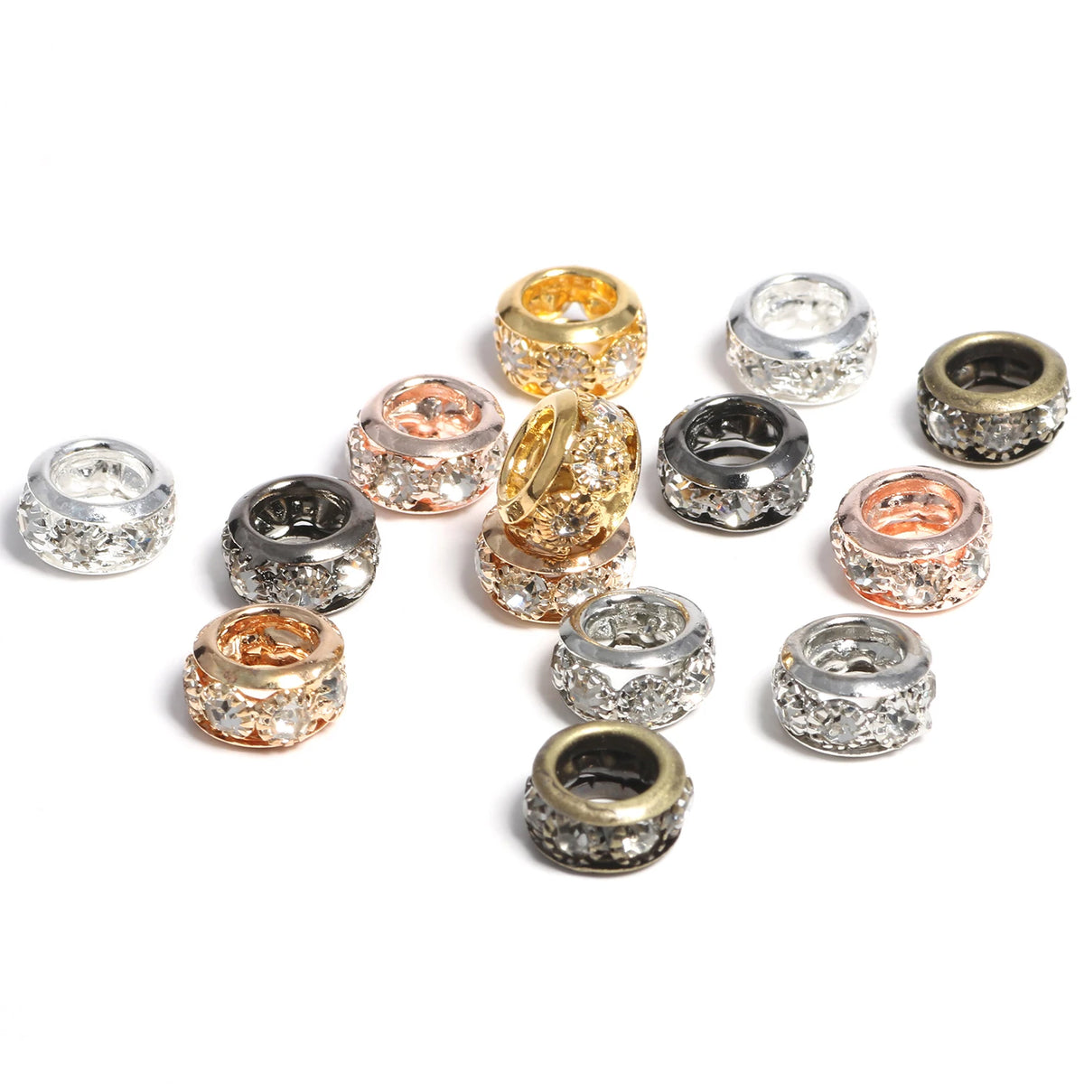 Metal Beads Rhinestone Large-Hole Round Rondelle for DIY Jewelry Making