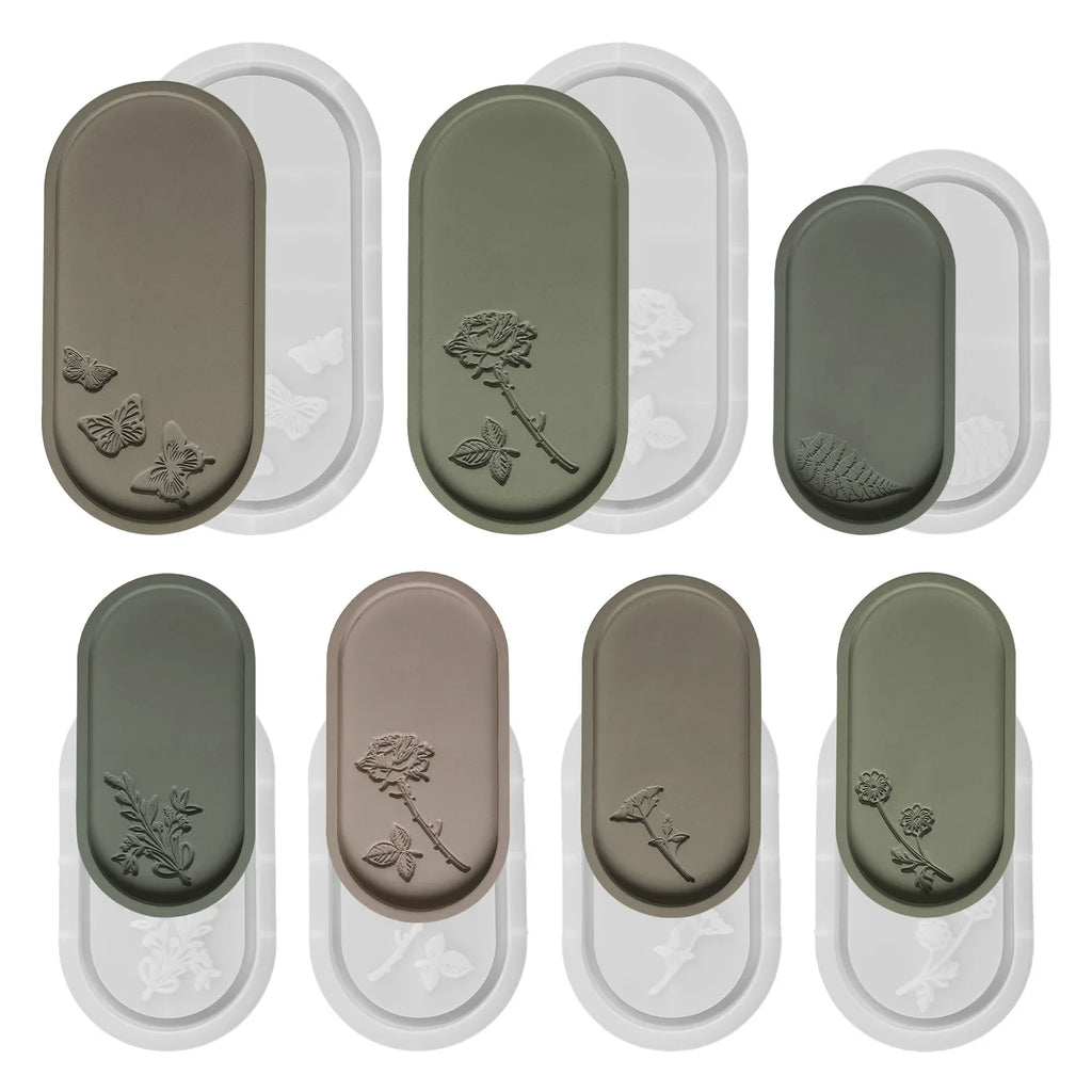 Carved Flower Oval Tray Silicone Mold DIY Concrete Cement Storage Dish Mould Jewelry Display Plate Plaster Resin Casting Molds