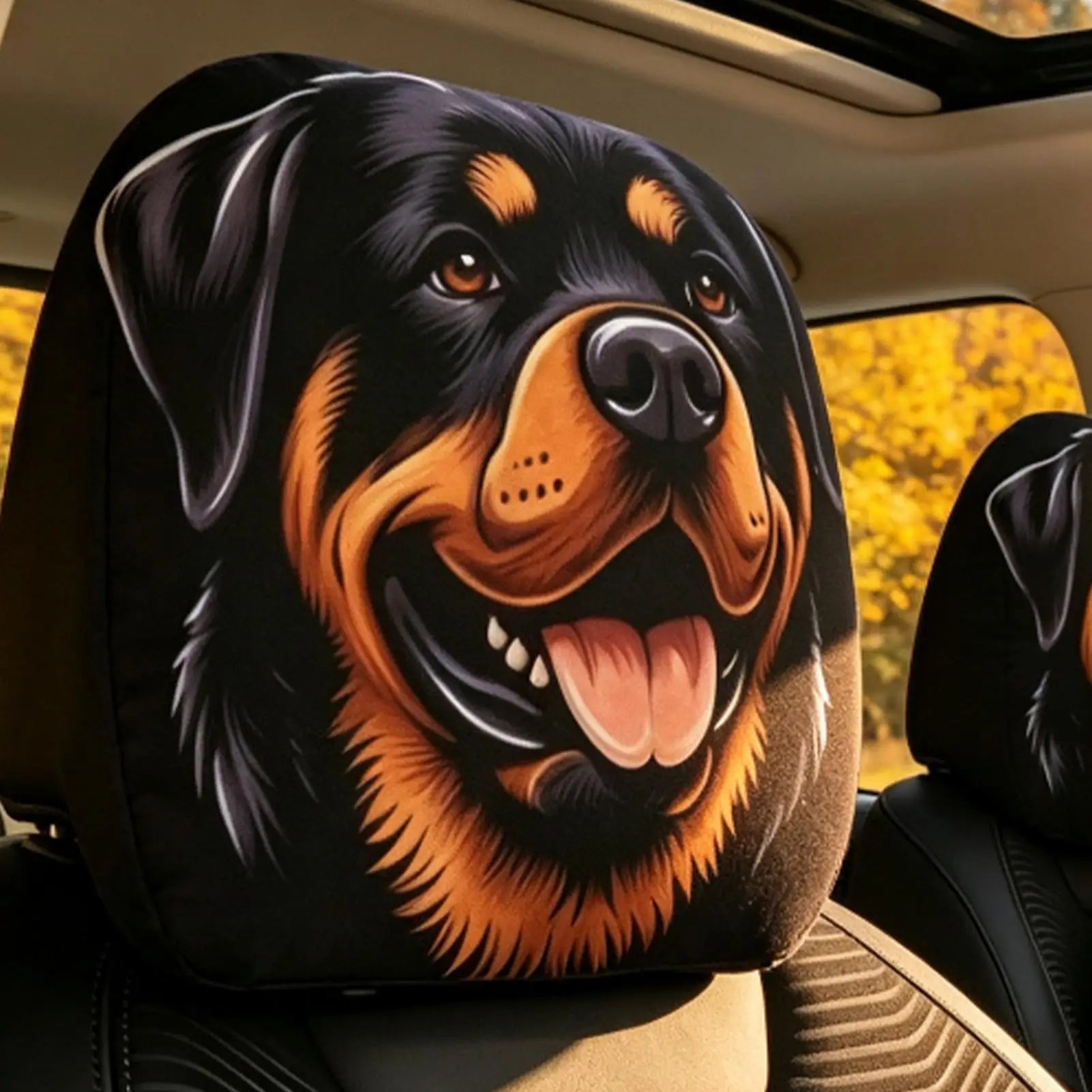 Car seat headrest cover featuring a printed Rottweiler dog face design, shown installed on a vehicle seat with a window view in the background.