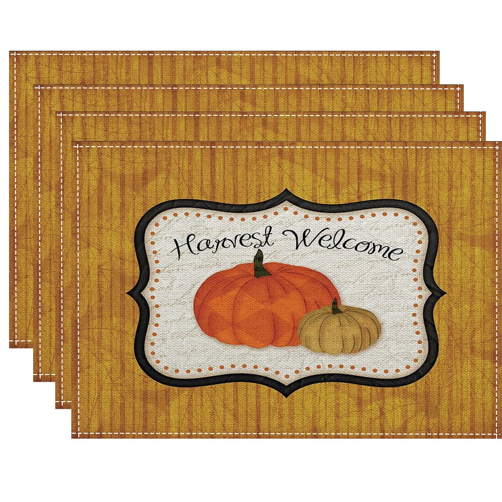 Fall Thanksgiving Linen Placemats, 13 Designs, Sets of 4/6/8, 16.5x12.6 in
