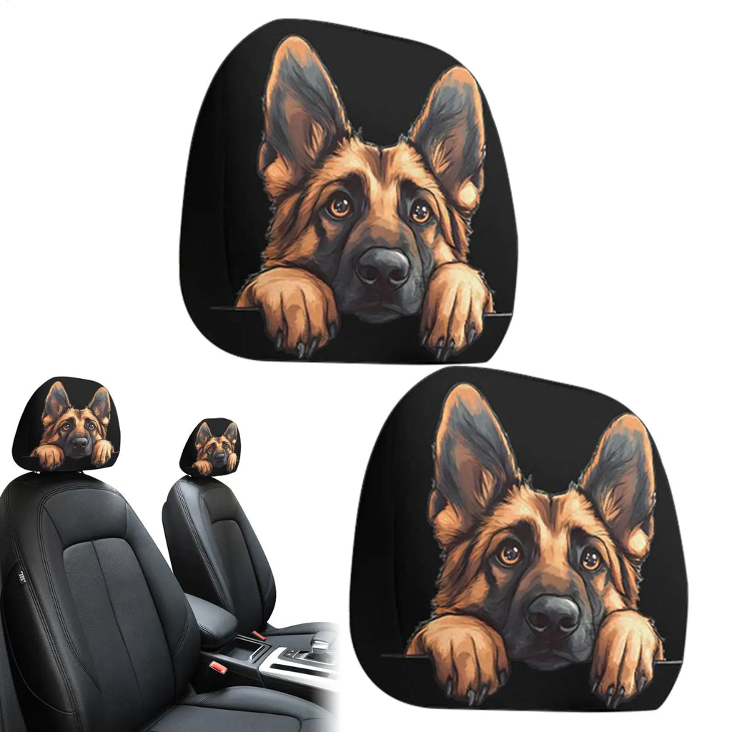 Three car seat covers shown on a white background, including two standalone headrest covers with a printed German Shepherd illustration and one set installed on car seats. The seat covers have a black base with a large brown and tan dog portrait.